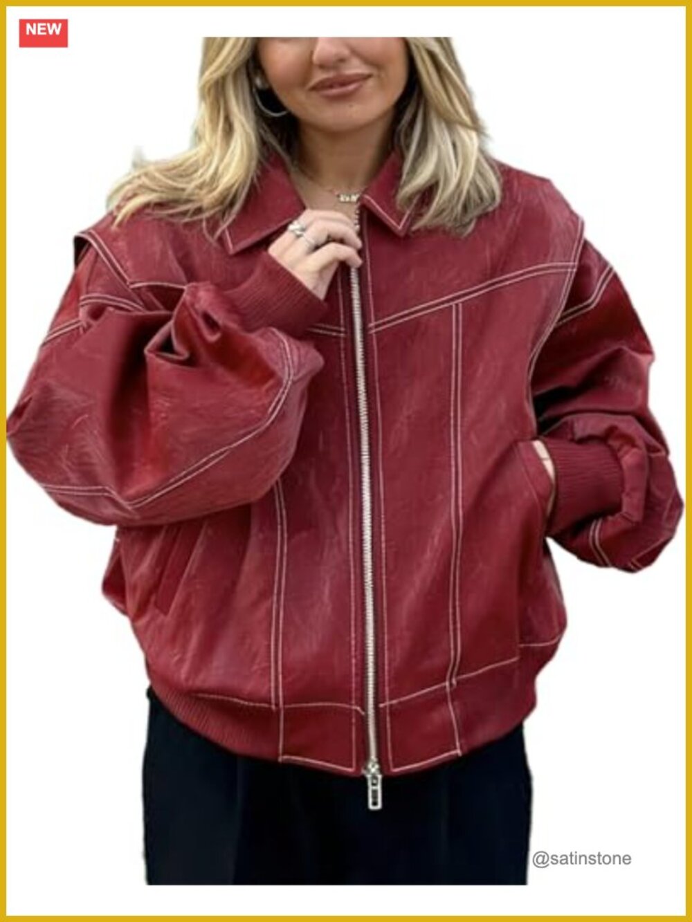Faux Leather Motorcycle Jacket Women Zip Up Biker Coat Trendy Oversized